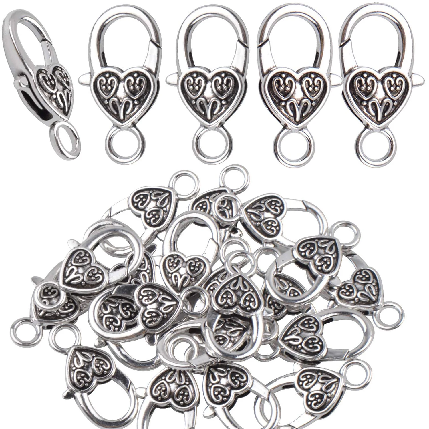 

20 штук, 2,6 х 1,5 см, застежки-карабины в форме большого сердца из антикварного серебряного сплава для изготовления ожерелий и браслетов своими руками