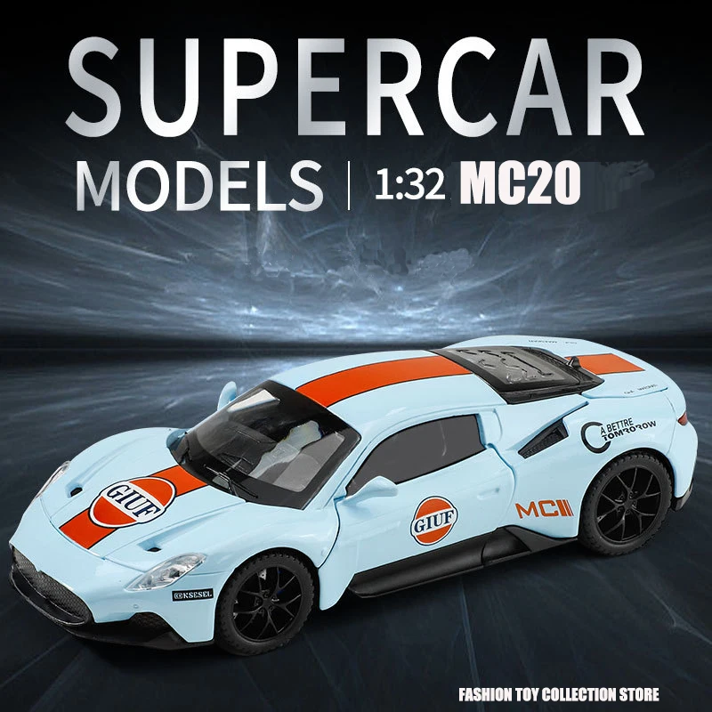 1:32 Maserati MC20 Gulf Edition Alloy Car Model Diecasts Toy With Sound and Light Vehicles Decoration Toys For Kids Gift