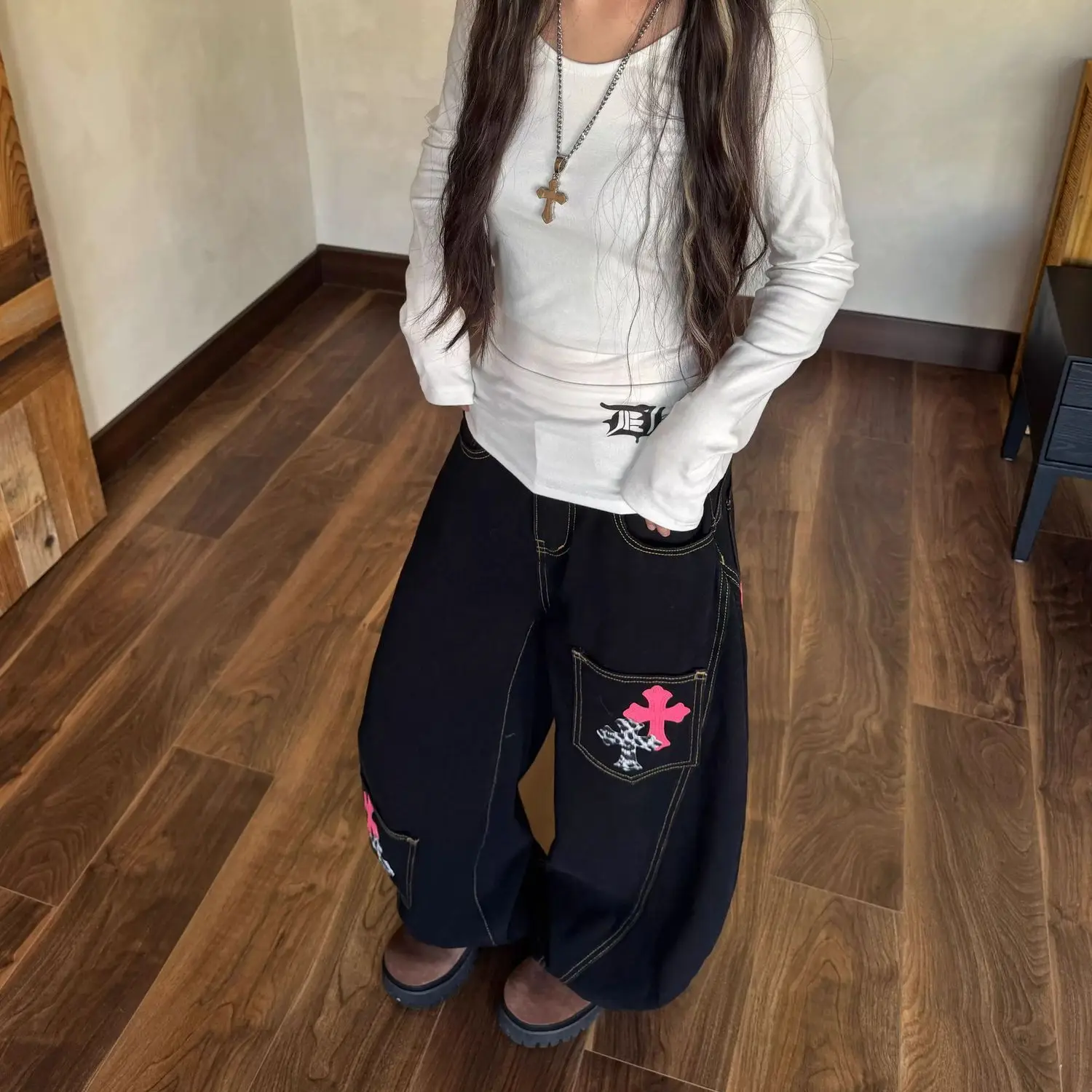 Women's Retro Wide Leg Karate Jeans Cross Embroidery Multi Pocket Pants Gothic Y2K Streetwear Loose Fit Denim Trousers