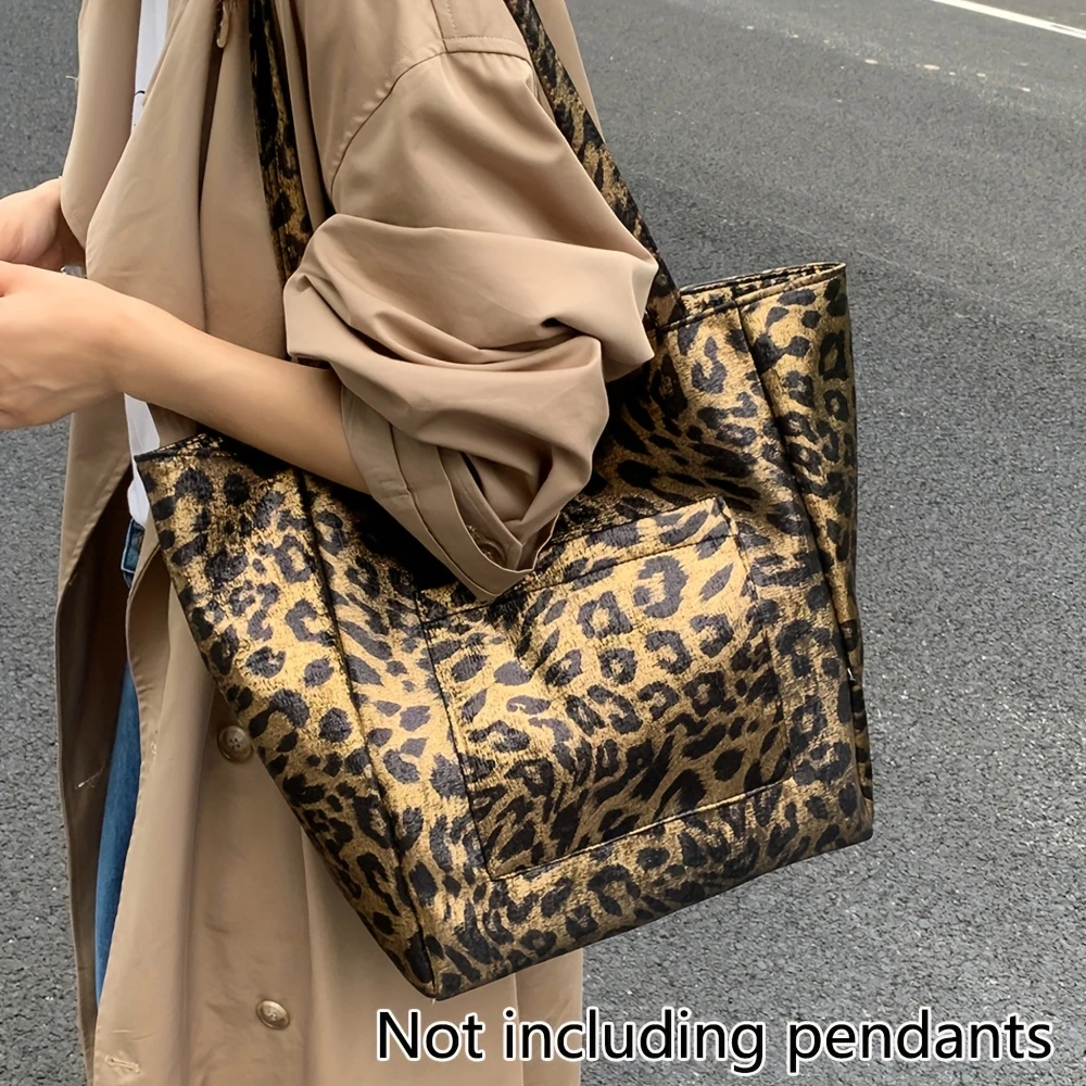 

Металлическая сумка-тоут с леопардовым принтом, вместительная сумка через плечо с передним карманом для ежедневных поездок и повседневных прогулок