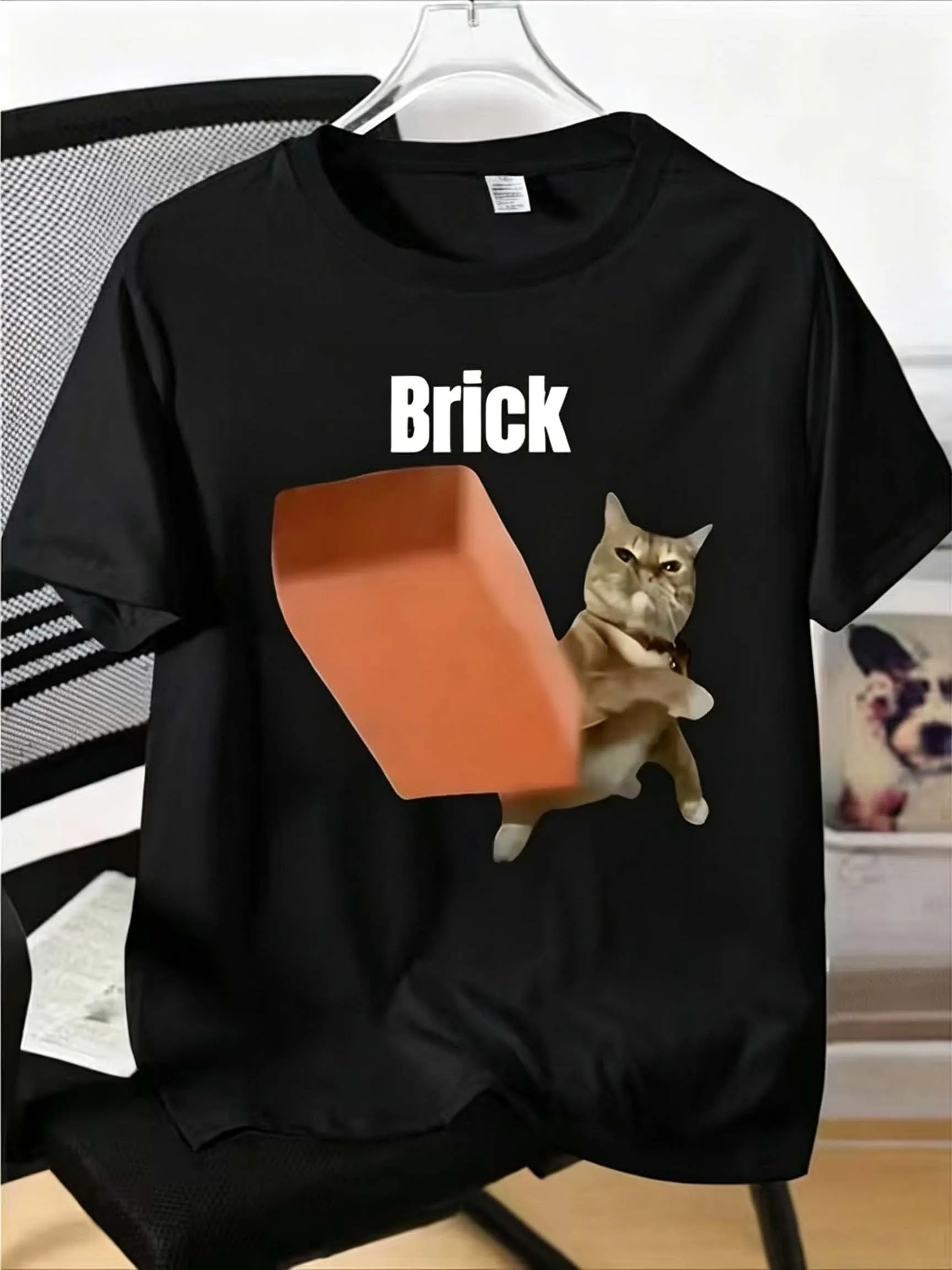 Funny Animal Design Graphic T Shirt Cat Brick Print Streetwear Top Short Sleeve Creative Novelty Everyday Outfit Fashion