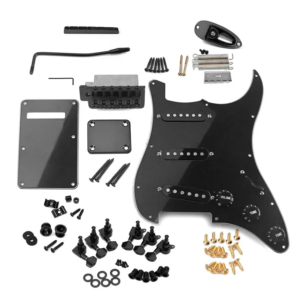 

ST style black full electric guitar accessory kit including pre-wired Pickguard bridge SSS pickups and other accessories