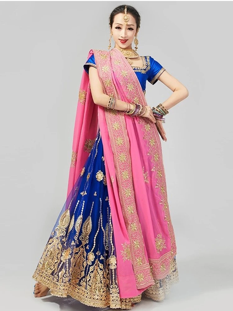 Luksusowy strój do tańca indyjskiego dla kobiet, krótki top, duża rozkloszowana spódnica, taniec brzucha, taniec bollywoodzki, strój sceniczny DQL12070