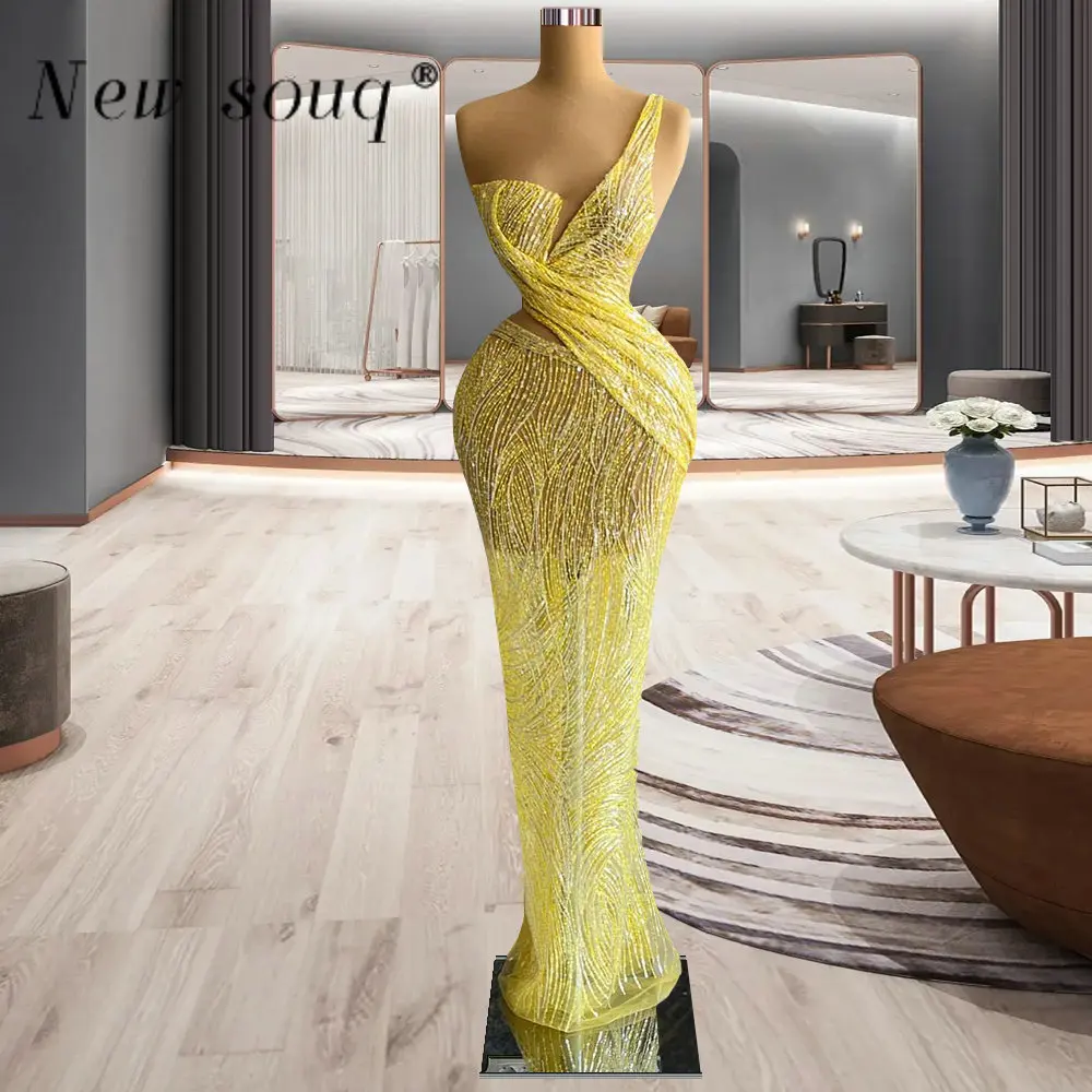 

Yellow One Shoulder Mermaid Evening Dresess for Black Girls 2023 Sparkly Wedding Party Dinner Gowns Beaded Vestidos De Noche