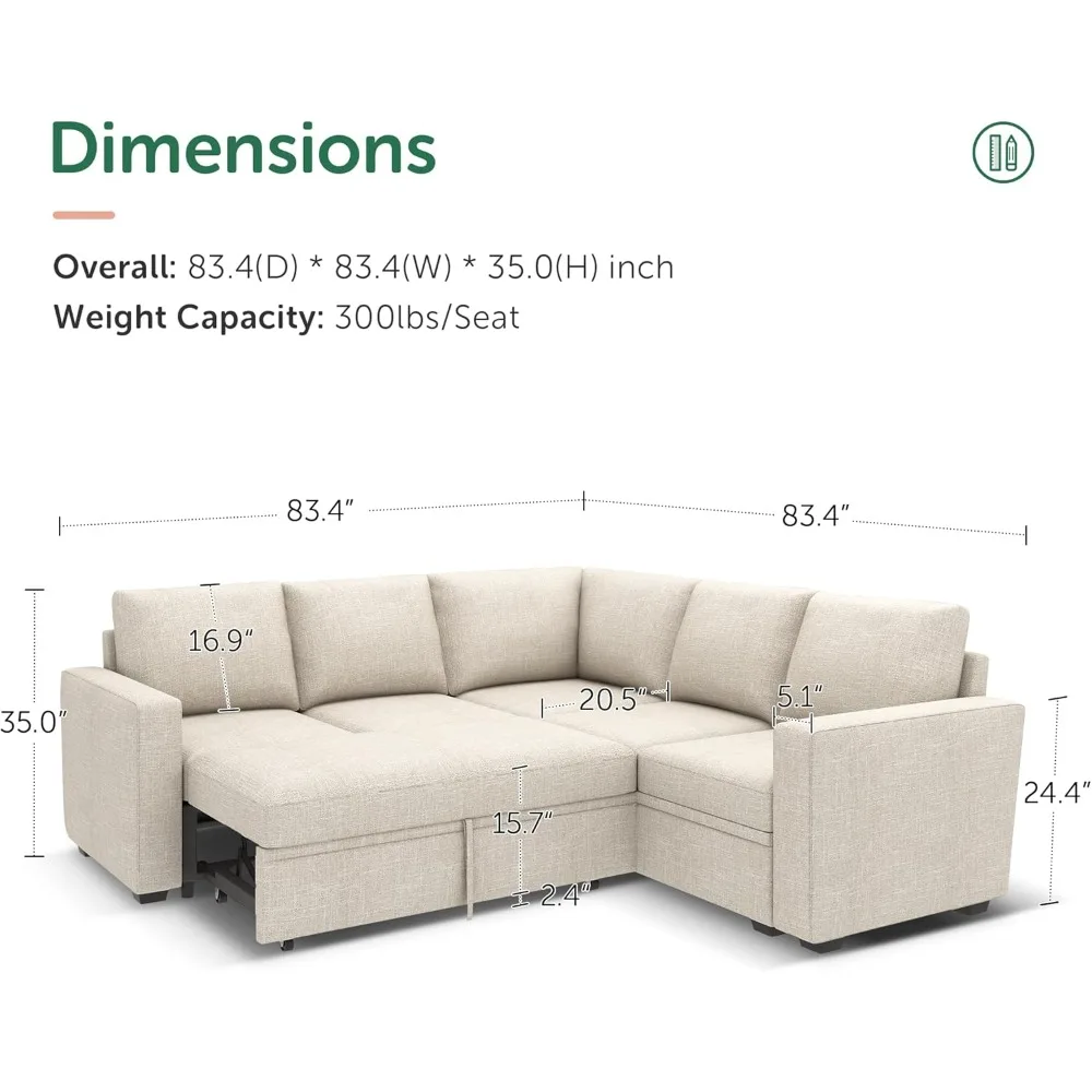 Modular Segmented Sofa Bed with Pull-out Bed, L-shaped Segmented Sofa with Storage Seat, Convertible Living Room Segmented Sofa