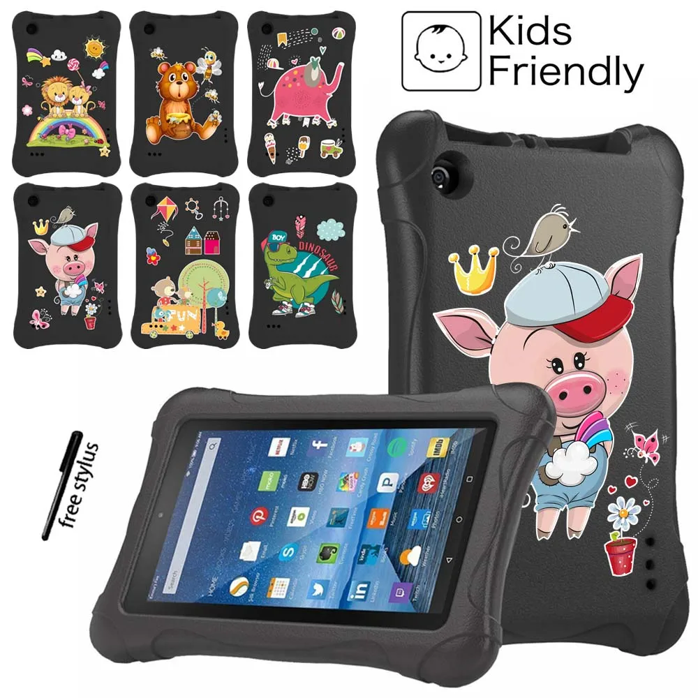 Tablet Case for Fire 7 Black EVA Cartoon Pattern Series Foam Tablet Non-toxic EVA Full Body Cover + Free Stylus