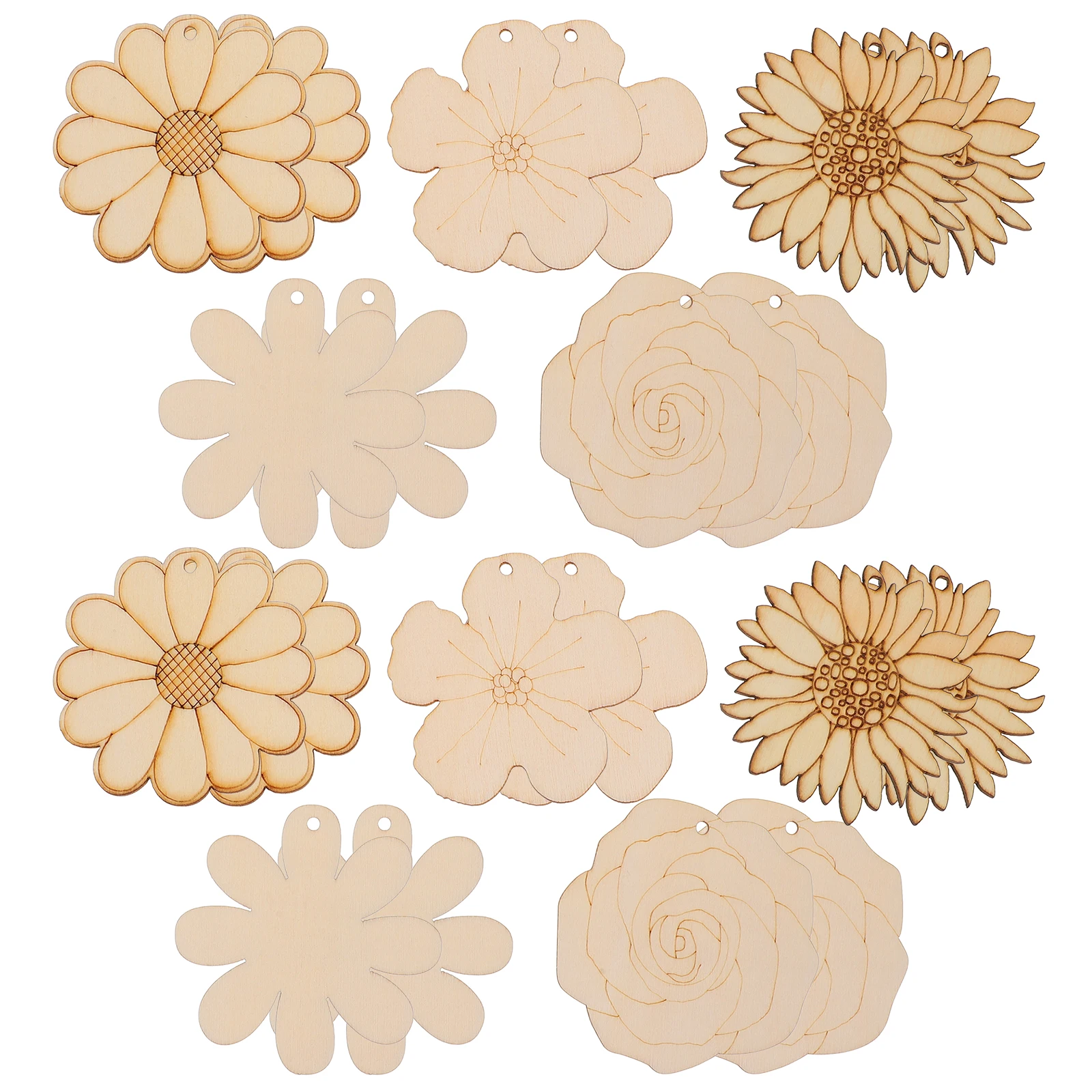 

20 Pcs Cartoon Flower Hangers Unpainted Wooden Cutouts DIY Craft Material Kids Hemp Rope Wall Decor Sunflower Tags