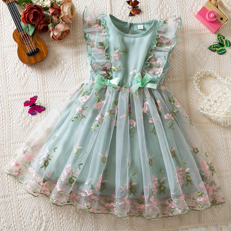 

2026New Summer Dress for Girls, Cute Bowknot Flower Embroidery Mesh Princess Dress, Sweet Fairy Dress