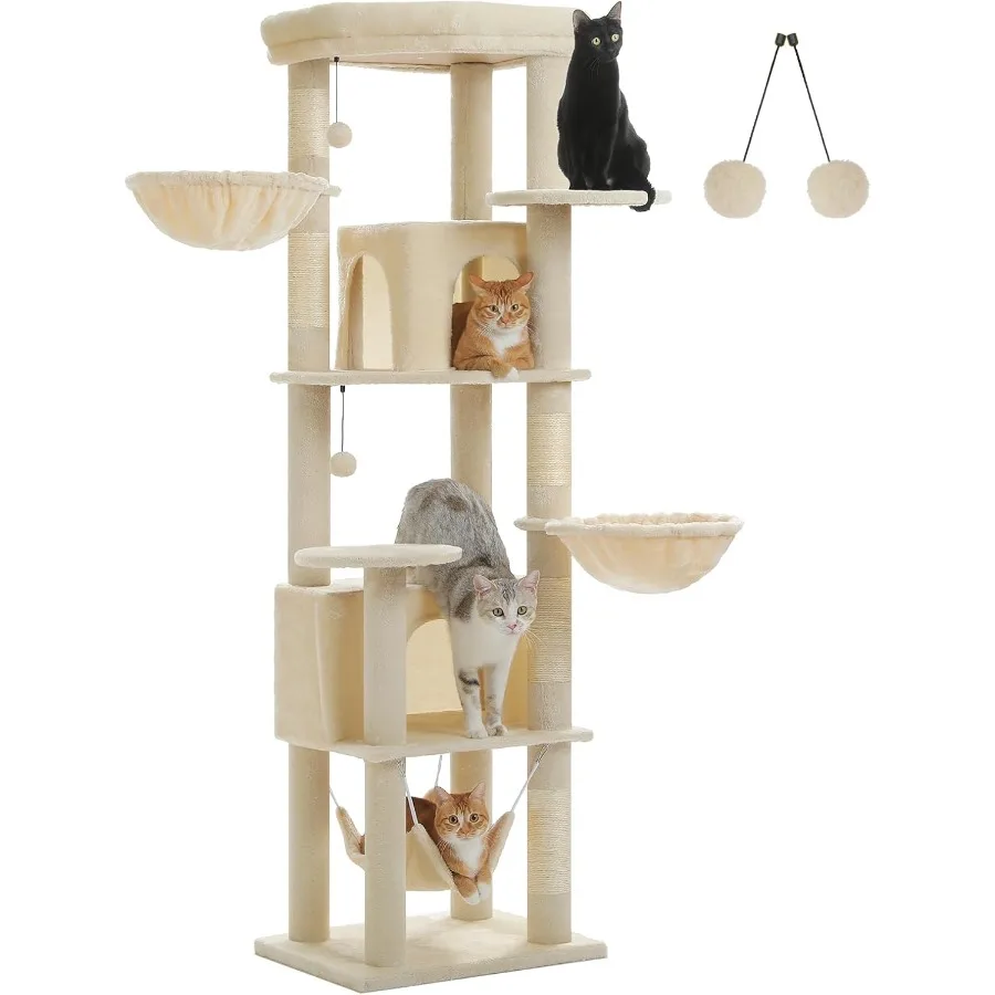 

71.2 Inches Tall Multi-Level Cat Tree for Large Cats with 2 Cozy Condos Super Large Top Perch 3 Hammocks Sisal Scratching Posts
