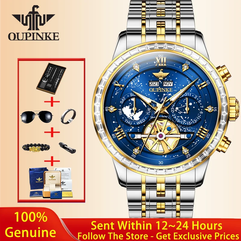 

OUPINKE 3255 Automatic Mechanical Watch Top Luxury Tourbillon Watch Diamond bezel Sapphire Mirror Men Watch Relogios Masculino