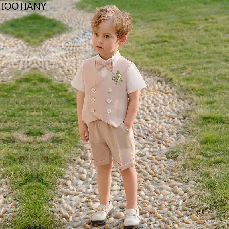 2024 Children\'s Summer Vest Suits Set Korean Boys Waistcost Shorts Bowtie Flower Costumes Baby Kids Wedding Birthday Party Dress