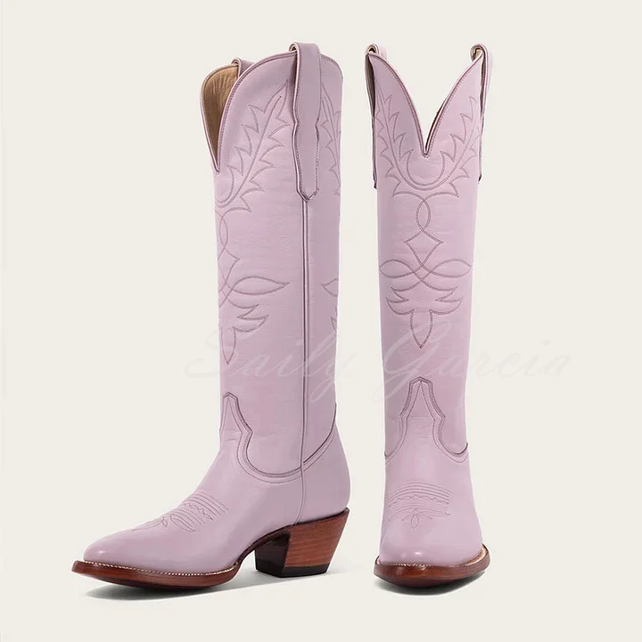 Beige Pointed Toe Block Heel Embroidered Mid-Calf Knee High Boots Women Chunky Heel Western Cowboy Elegant Knight Boots