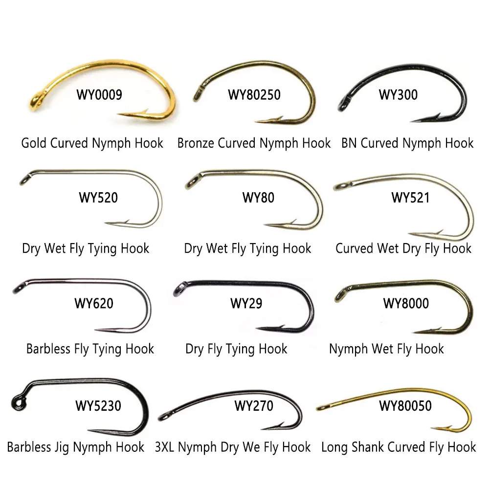 100 hameçons de pêche en acier à haute teneur en carbone, à ardillon et sans ardillon, pour la pêche à la mouche (nymphe, mouche sèche, mouche humide, nymphes, scuds, caddisfly, streamer) et la