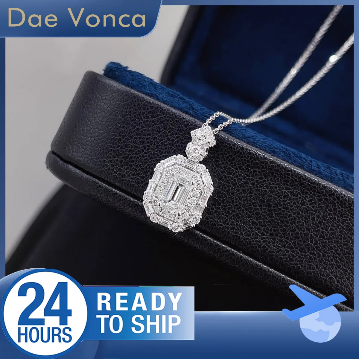 Emerald Lab Grown Diamond Necklace 18K White Gold Sugar Loaf Shaped Total 1.04ct  Lab Diamond Halo Pendant Necklace for Wife