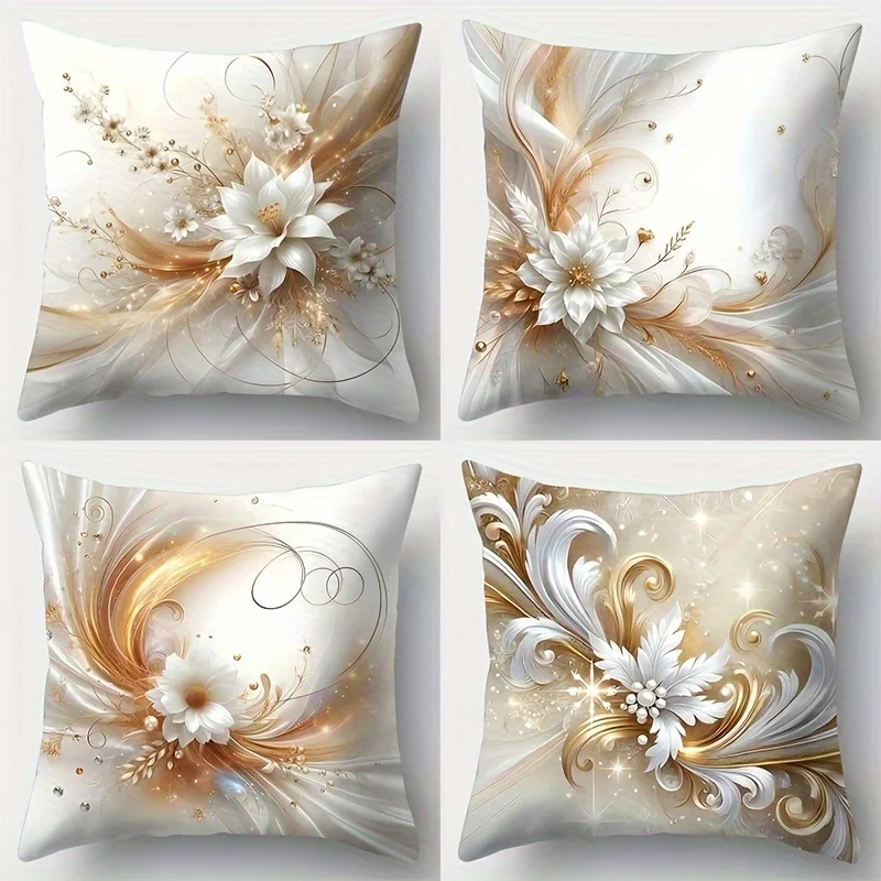 Golden Crown Floral Pillow Covers 4pcs, Elegant White Gold Floral Design, Zippered Machine Washable for Sofa Lumbar Decor