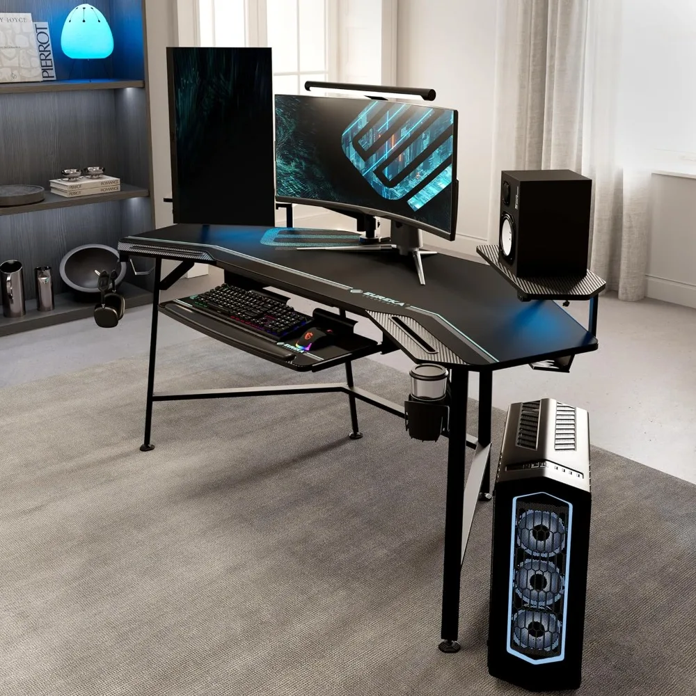 

72" Large Wing-Shaped Studio Desk W Keyboard Tray Streamer Gaming Desk With Led Lights Foldable Table for Pc Black Lift Up Table