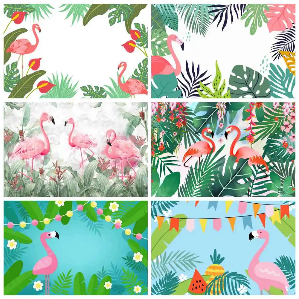 

Flamingo Tropical Leaves Photography Backdrops Banner Custom Baby Holiday Party Decoration Photo Booth Photographic Backgrounds