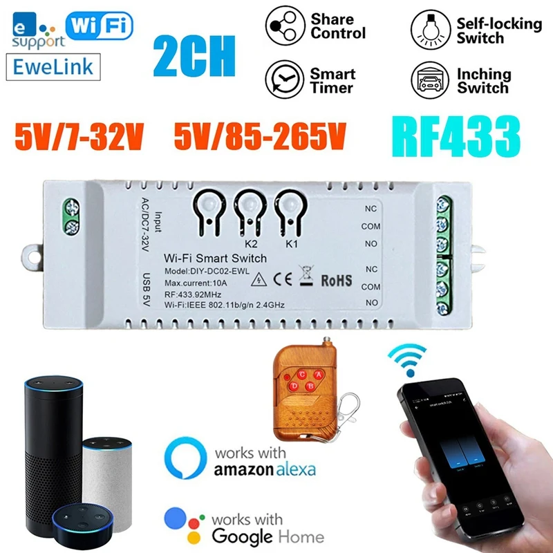 2CH 와이파이 스마트 스위치 DIY 타이머, 원격 Ewelink 와이파이, RF433, BT 홈 자동화 모듈, 알렉사 구글 홈 IFTT용