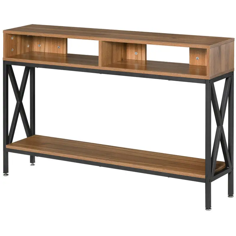 Console/table d'entrée de style industriel avec plusieurs compartiments de rangement, 120 x 23,5 x 75 cm, bois de noyer