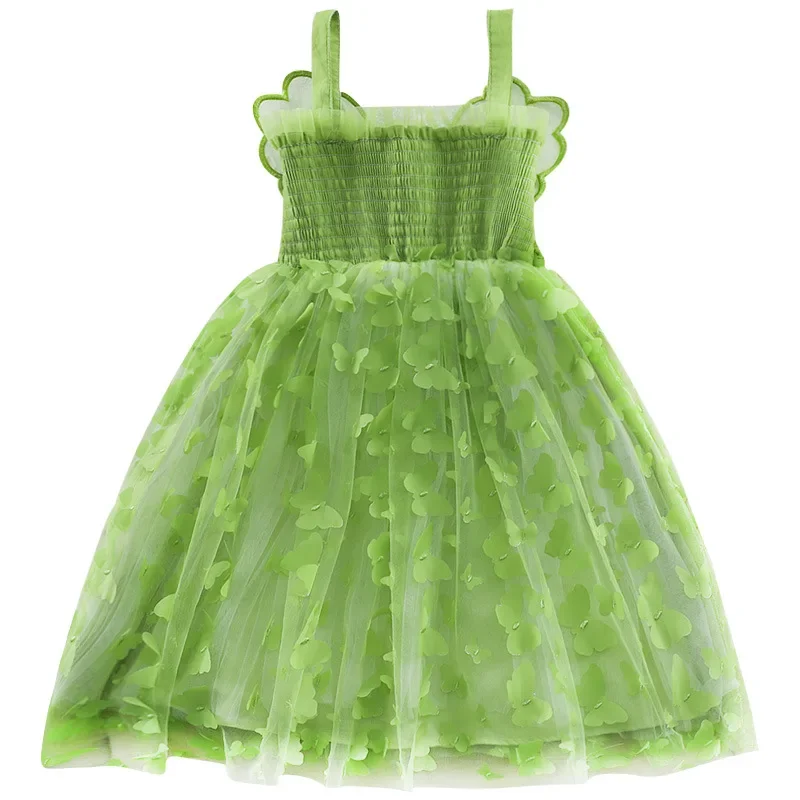 2026 Summer New 3D Big Butterfly Off-the-shoulder Girls Mesh Dress Cute Sequins Dancing Dress Birthday Sling Princess Dress 2-8T