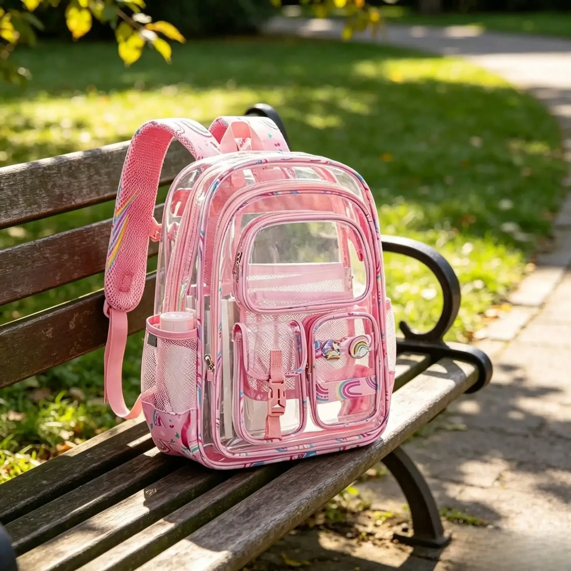 College Student Backpack Stadium Approved Clear Backpack, Multi Pocket Heavy Duty Transparent PVC School Backpack With Mesh Side Pocket Clear Backpack