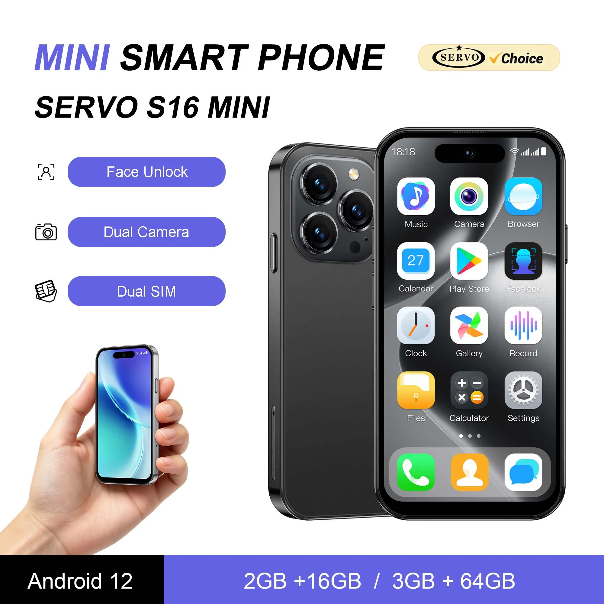 SERVO S16 MINI Android Smartphone 4G LTE 2GB+16GB 3GB+64GB Face Unlock Play Store Dual SIM WiFi Hotspot GPS Small Mobile Phone