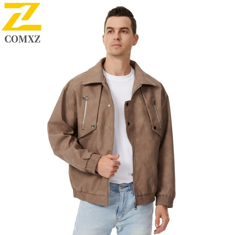 

COMXZ Men Leather Jacket Zipper Decoration Streetwear Fashion Windproof Jackets Leisure Turndown Collar Riding Autumn Clothes
