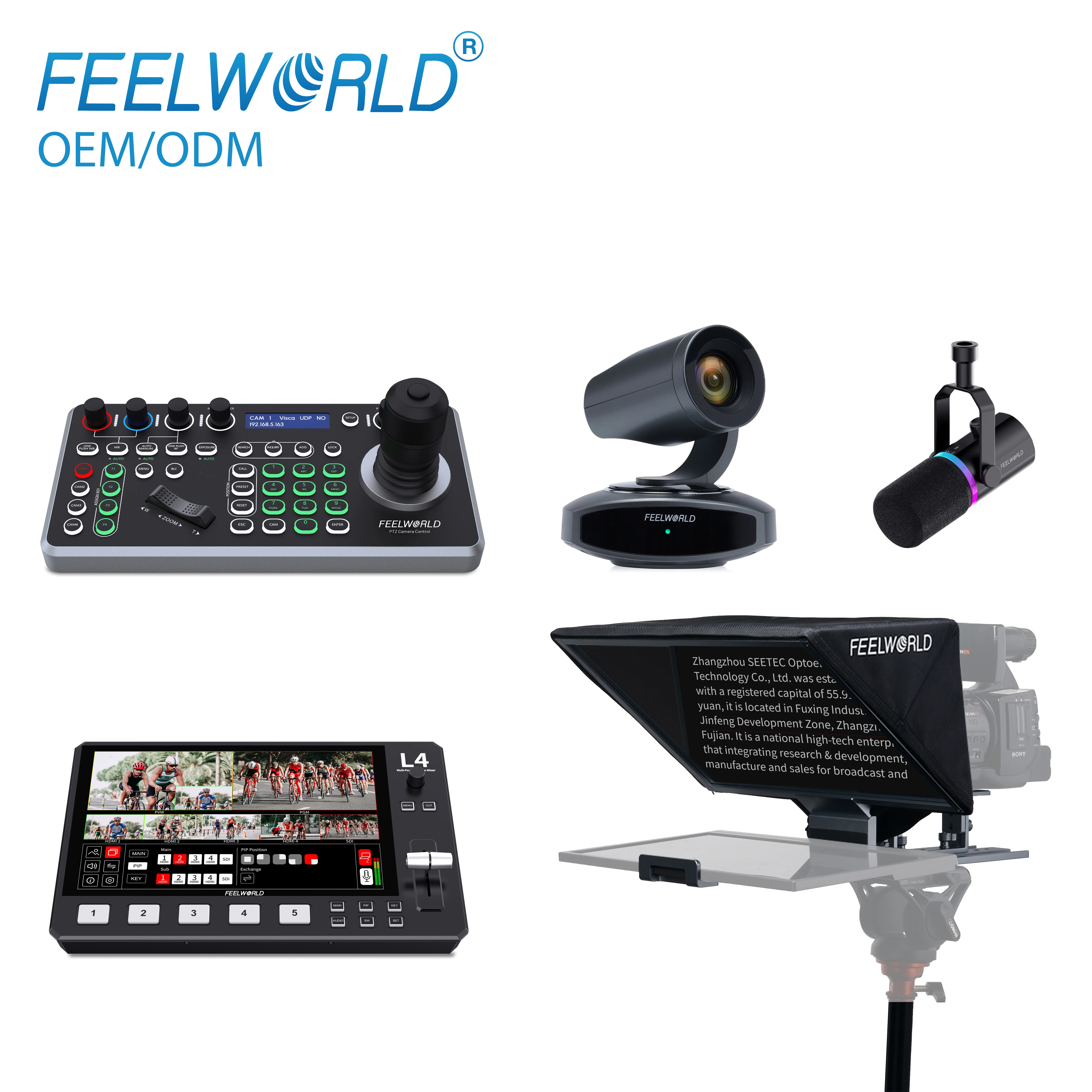 FEELWORLD Complete Live Streaming Kit: 4K10X Camera L4 Switcher TP16 Teleprompter KBC20 Controller PM1 Mic