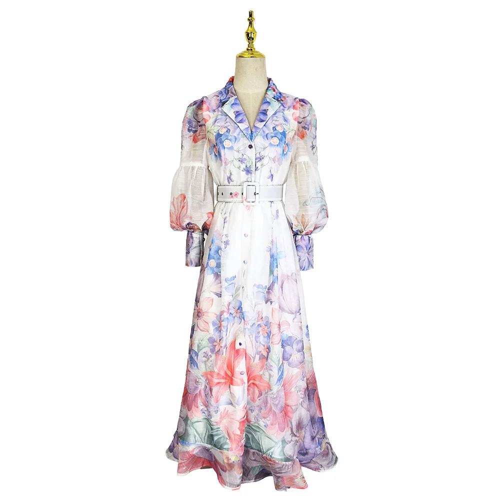 

Elegant Floral Maxi Dress Spring Runway Notched Single-Breasted Lantern Sleeve Belted Prom Robe Linen Holiday Wear