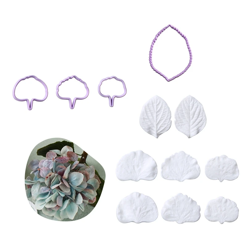 

Hydrangea Flower Fondant Mould Petal Silicone Mould & Leaves Plastic Cutter Set Cake Decoration Tools Silicone Veining Moulds