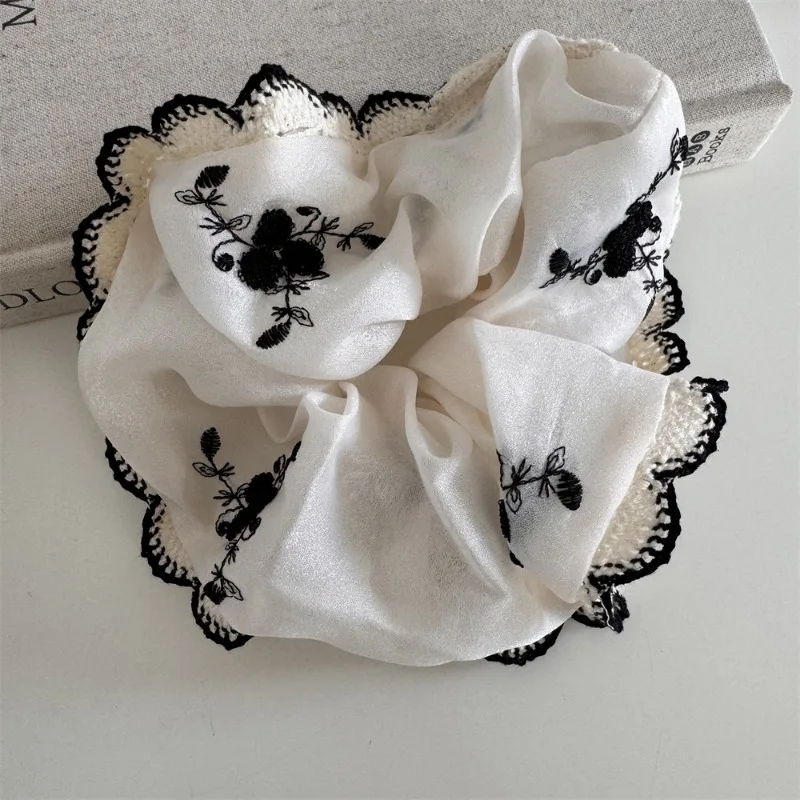 Vintage Fashion Black Embroidered Flower Hairrope Large Scrunchie Hair Loop Elegant Tie Ponytail Hairband Head Rope Headwear