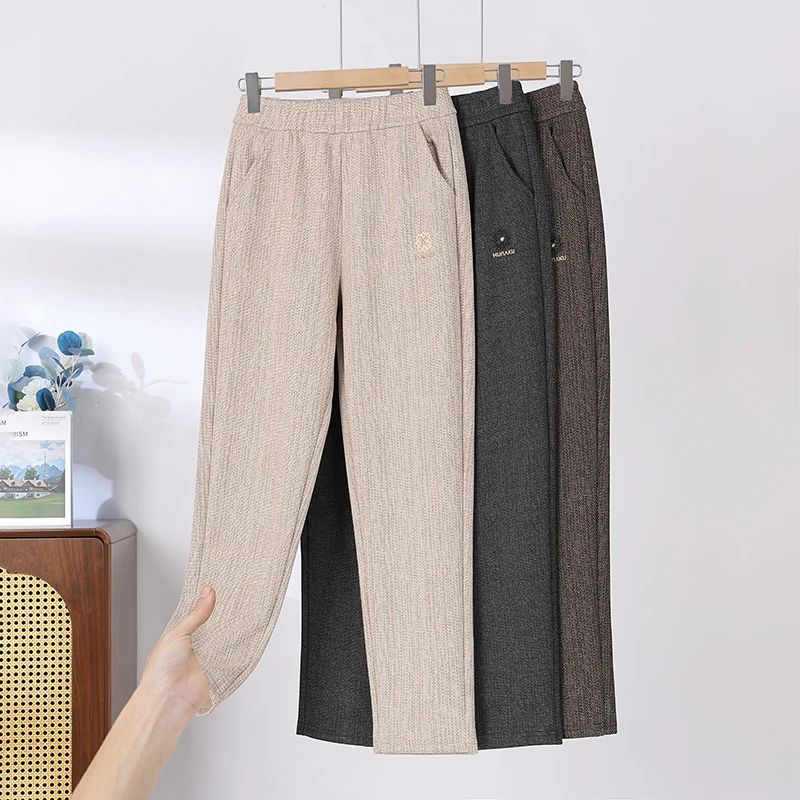 Kobiety w średnim wieku Jesień i zima wysokiej klasy wełniane żakardowe spodnie slim fit Luźne spodnie z elastyczną talią plus Size