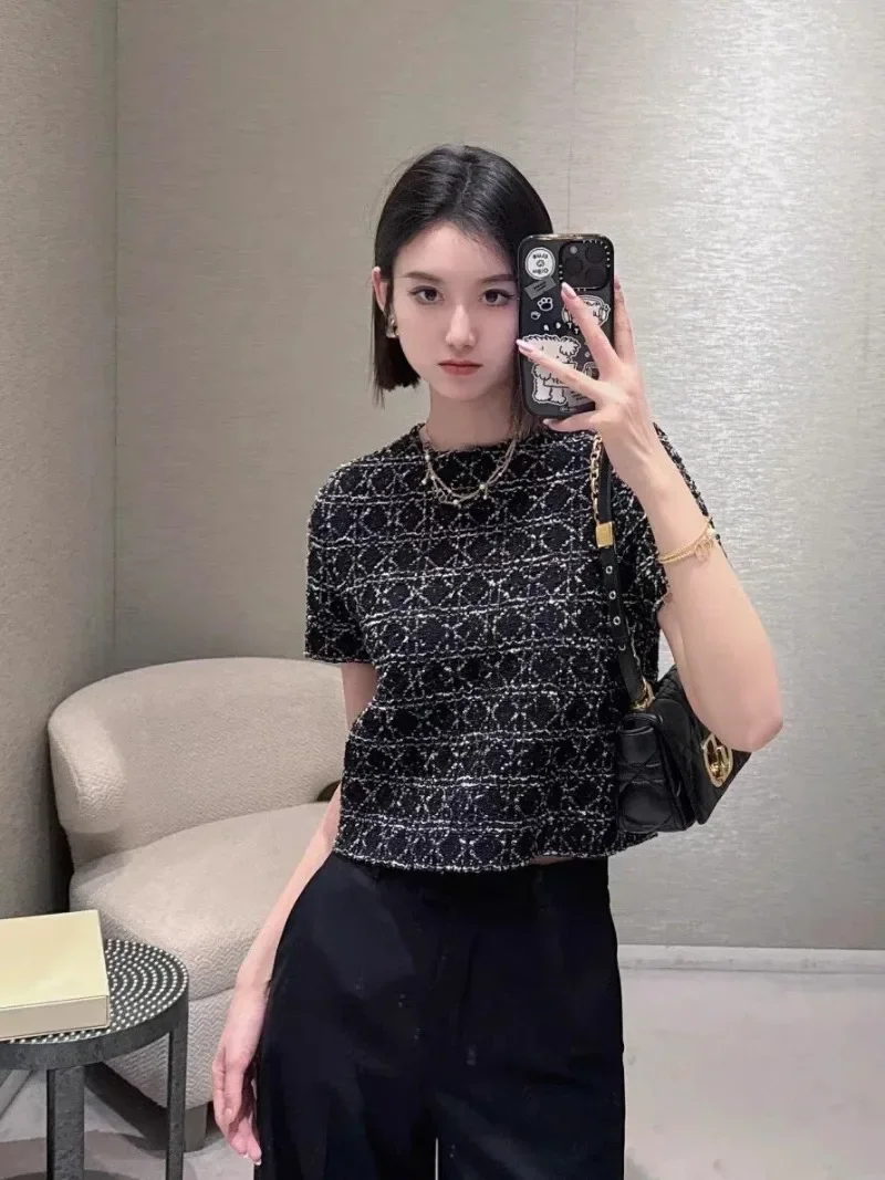 

Miiiix 2024 Summer New Classic Fashion Grid Knitted Shirt Short Sleeve Top Women's Round Neck T-shirt Female Clothing