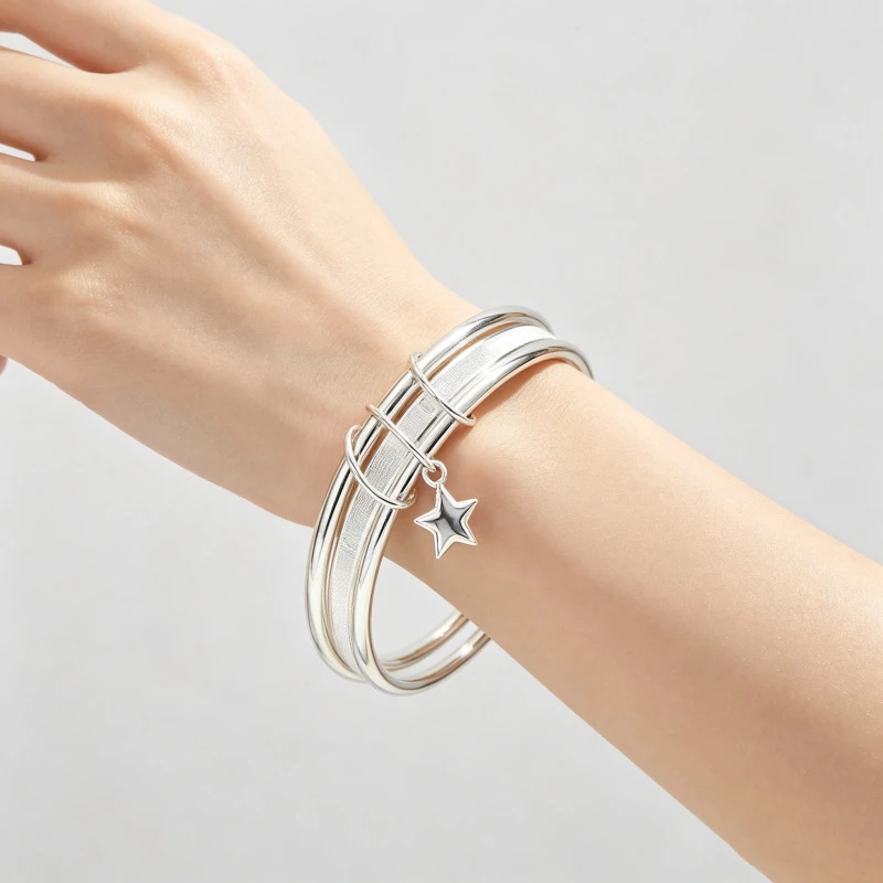 OUYADI 999 Sterling Silver Multi-layer Bangle for Women, Star Charm Engraved Triple Loop Bracelet Jewelry Gift