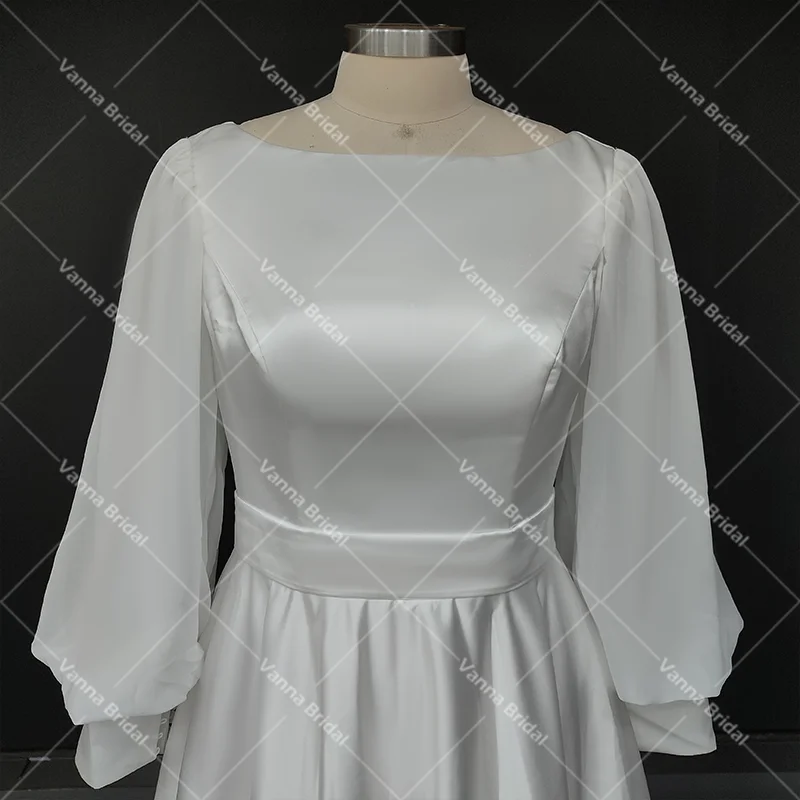 Off Shoulder Ruched szyfonu długie rękawy panna młoda suknie Custom Made 2021 Plus rozmiar linii przyciski druhna suknie ślubne