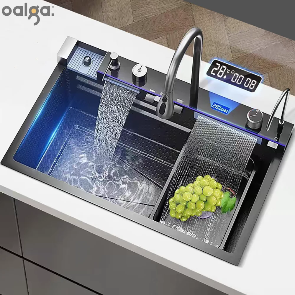 

Kitchen Sinks Double Waterfall Sink Stainless Steel Kitchen Sink Embossed Large Single Ambient Light Digital Display Wash Basin