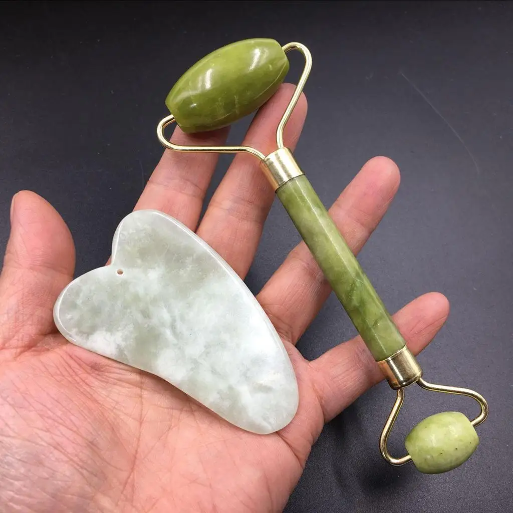 

Green Double Head Natural Jade Stone Roller Eyes Body Facial Acupoint Massage Kit Skin Roller Gua Sha Care Spa Beauty Tool