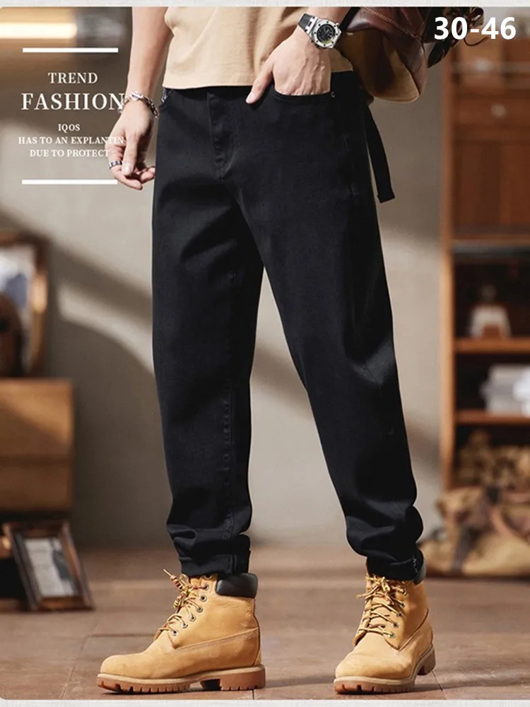 Men Black Jeans Spring Autumn Plus Size 140KG 42 44 46 Loose Straight Elastic Boys Casual Male Denim Pants Long Trousers