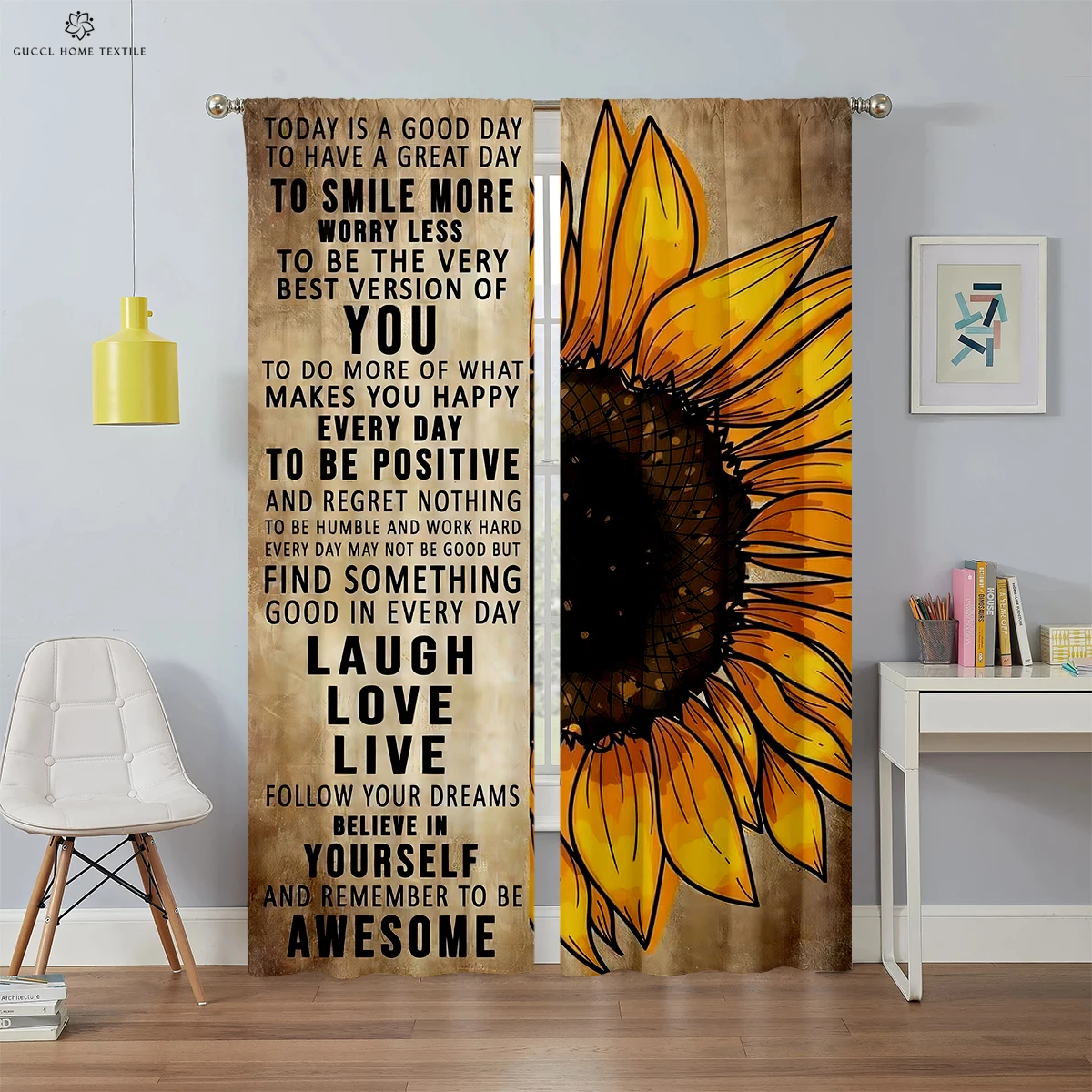 Retro Floral Sunflower Curtains, Creative Letters, Fashionable Print Curtains, Bedroom and Living Room,  Decorative Curtains