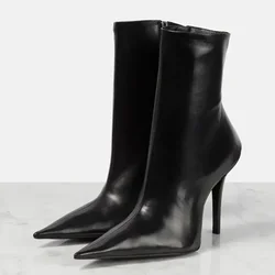 2025Autumn/Winter Women's New Pointed Thin High Heel Side Zipper Short Boots, Size 44 Black Leather Knee Long Boots for Women