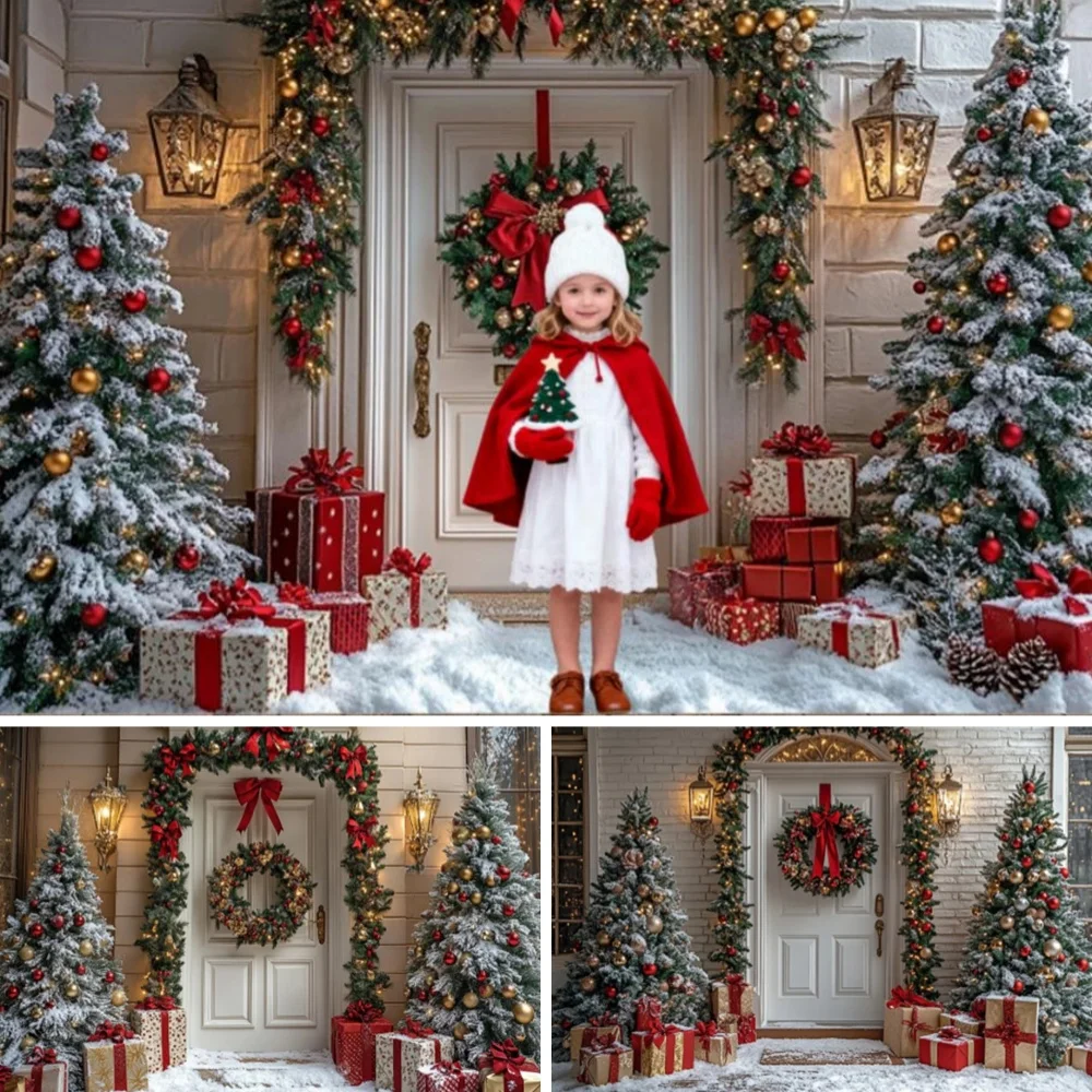 

Winter Christmas Photography Background White Wood Door Xmas Tree Holiday Party Adults Children Portrait Backdrop Photo Studio