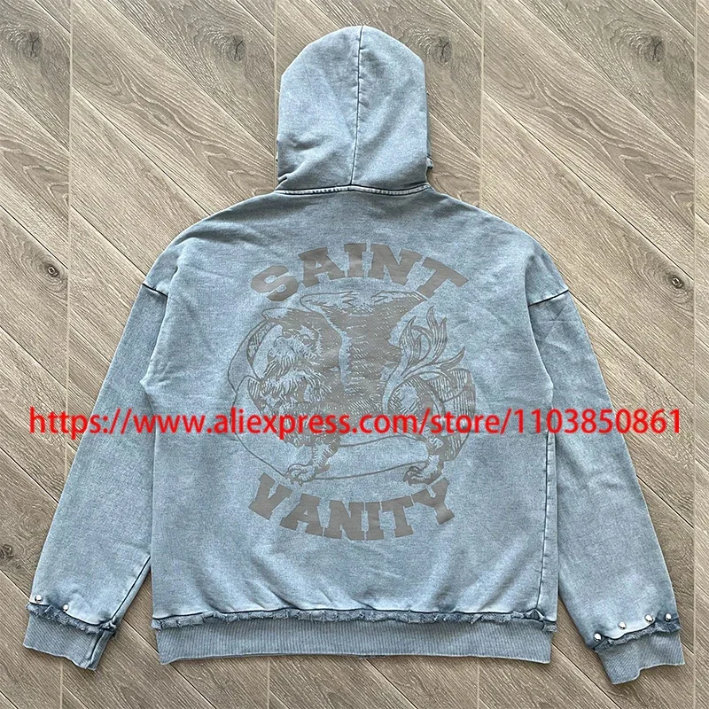 

Washed Do Old SAINT VANITY Hoodies High Quality Logo Print Trendy Rivet Craft SAINT VANITY Cardigan Sweatshirt