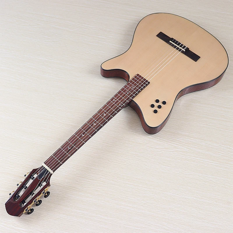 Guitarra clásica silenciosa de 40 pulgadas, cuerpo fino, tapa de madera de abeto de 6 cuerdas, guitarra silenciosa clásica de alto brillo, Color Natural y Sunburst