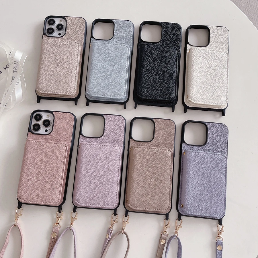 Crossbody Strap Phone Case for iPhone 17 Air 16 Plus 15 14 13 12 11 Pro Max Leather Card Pocket Wallet Folio Cellphone Cover