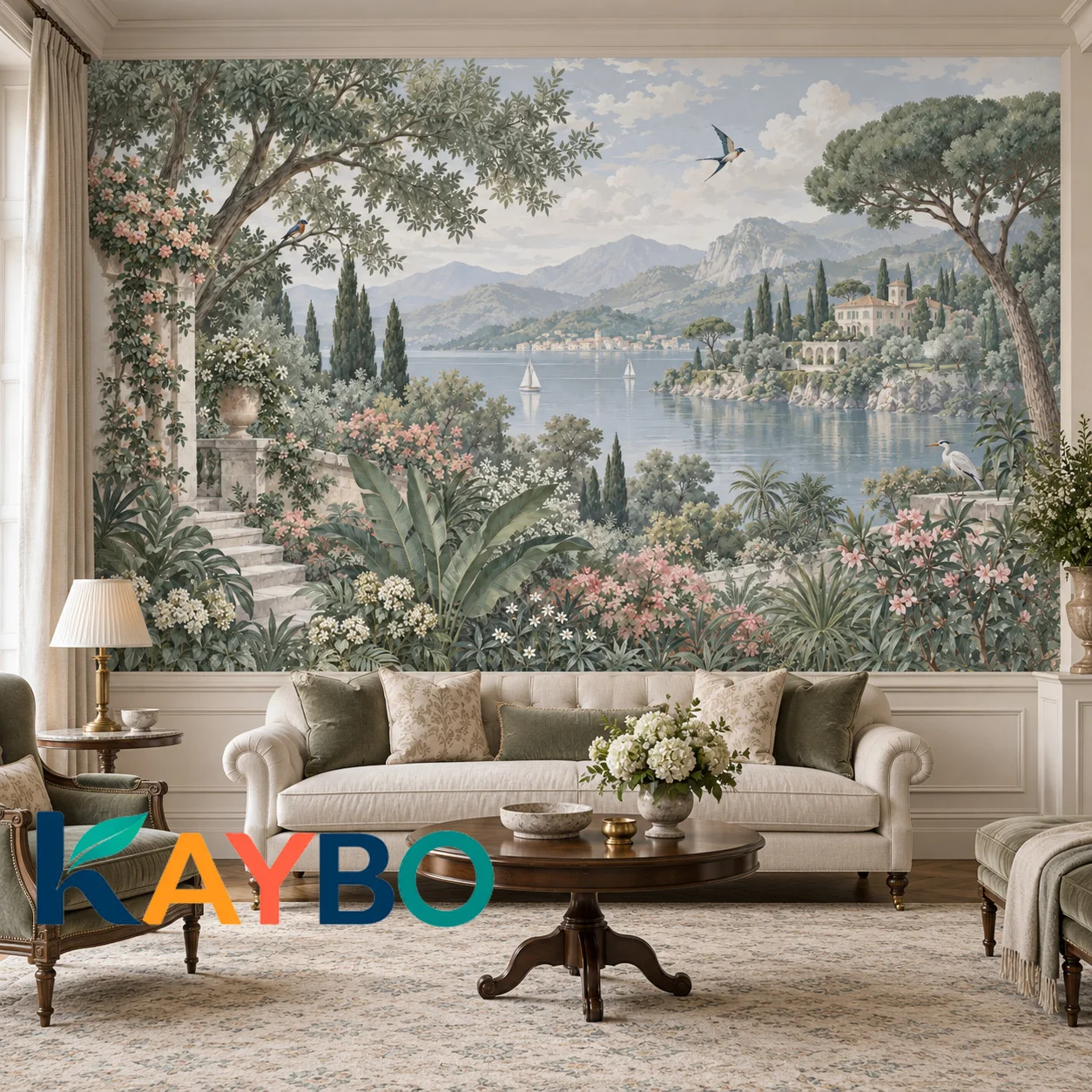 Mediterranean Wall Mural Lake Villa Garden Scenic Landscape Vintage Botanical Living Room Home Decor Wallpaper Non Self Adhesive