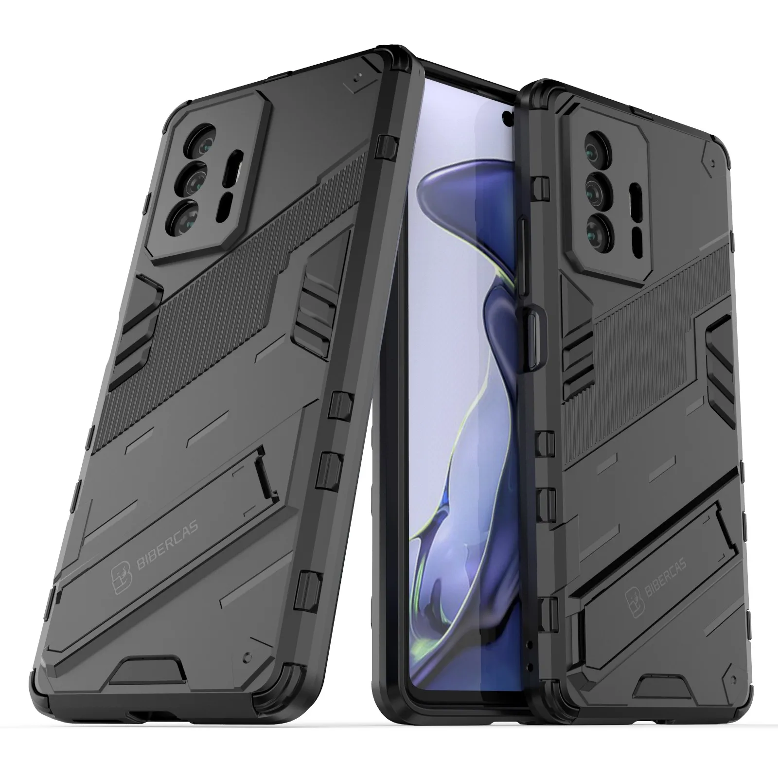 Kickstand Funda protectora resistente para teléfono de TPU suave y dura de doble capa para Xiaomi 11T/ 11T Pro - Negro