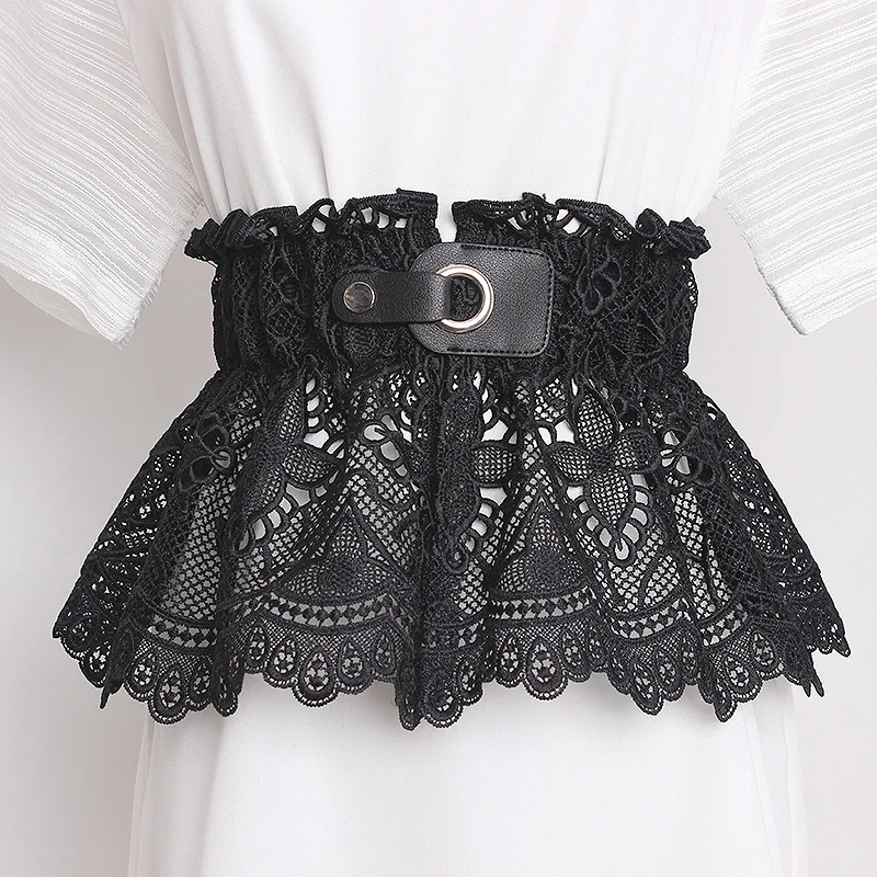 Lace skirt wide belt new style belt buckle design slim fit versatile elastic belt black and white with tights women's belt