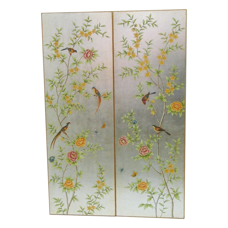 

decorative paintings, hand-painted silver foil paintings on wood panels, Chinese flowers and birds on the background wall