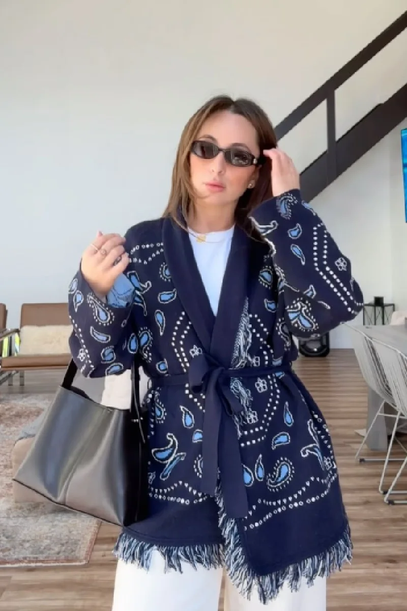 Vintage Tassels Print Women's Print Cardigan V-Neck Lace Up Full Sleeve Spliced Sweaters 2026 Autumn Lady All-match Kintwears
