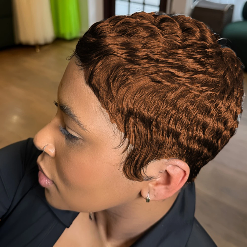 ピクシーカットカーリーウェーブ人毛ウィッグ 女性用 フルマシンメイドウィッグ デイリーウェア＆パーティー用 密度150% 4インチ